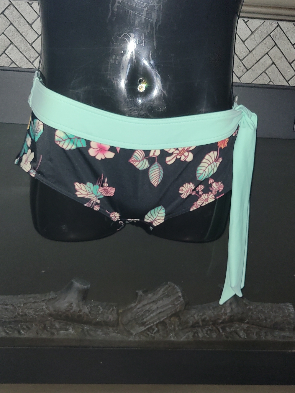 Freya Black Floral Bikini Bottom with Mint Waistband - Picture 2 of 5